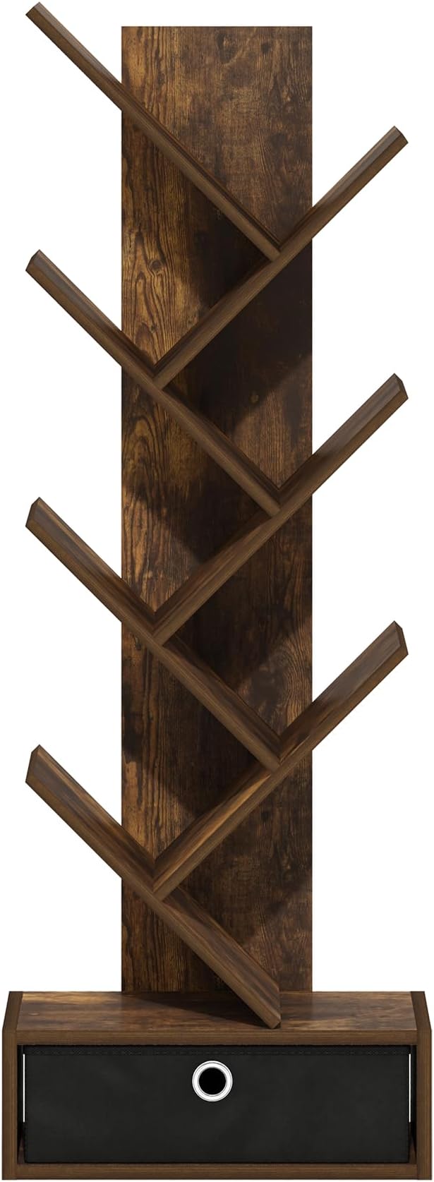 Furinno Tree Bookshelf 7-Tier Floor Standing Tree Bookcase with Bin Drawer, Amber Pine/Black