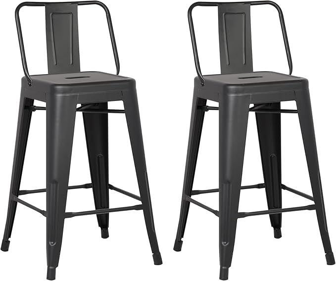 AC Pacific Modern 24” Metal Barstool Set of 2 – Country Rustic Style with Low Back, Lightweight & Sturdy Build, Easy Assembly, Matte Black