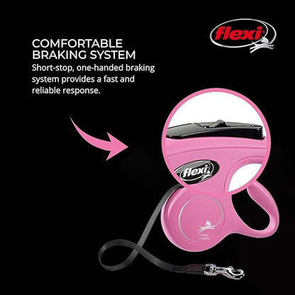 FLEXI New Classic Tape Retractable Dog Leash for X-Small Dogs Upto 26 lbs. – 10 ft., Pink | Tangle Free Pet Walking Leash with One-Handed Brake, Pause, Lock|German Quality Product