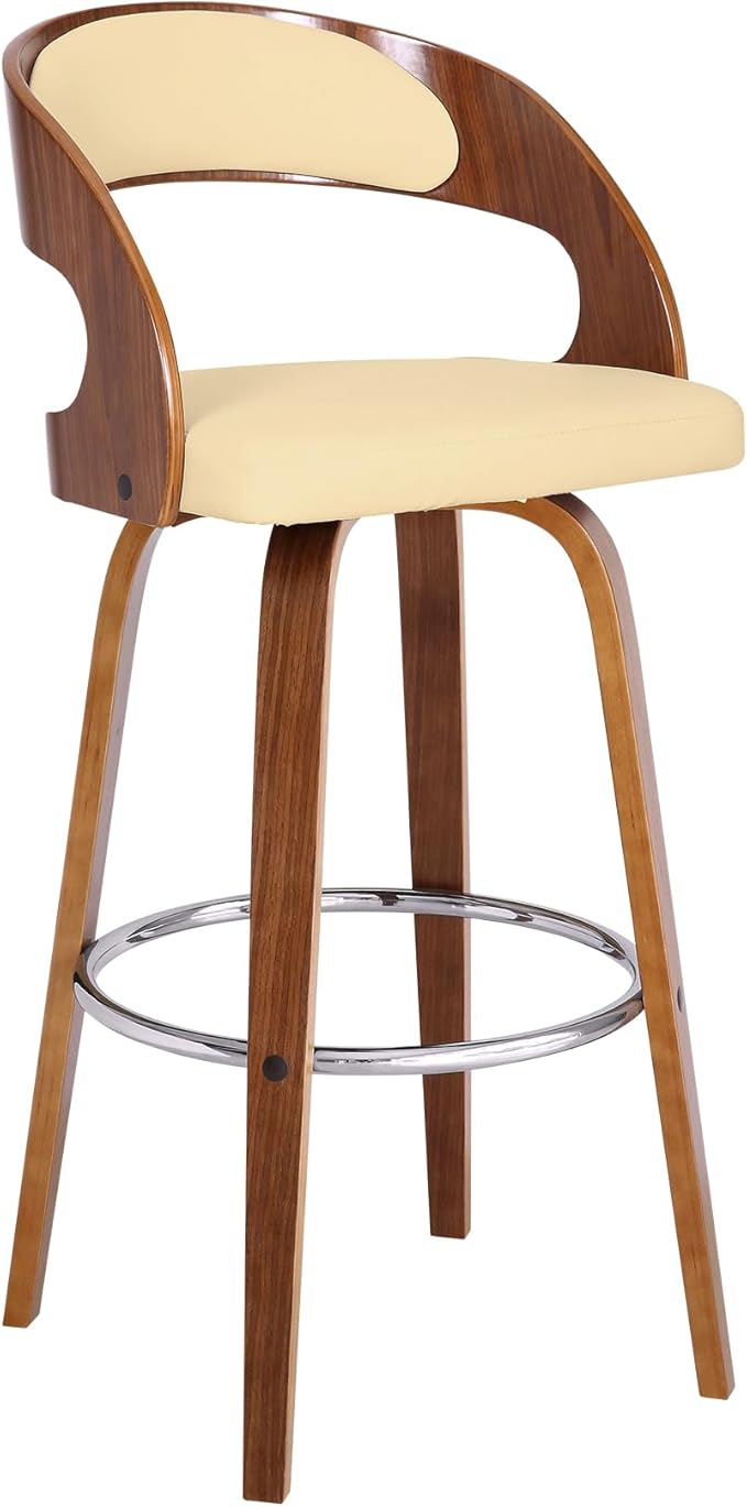 Armen Living Shelly 30" Bar Height Swivel Cream Faux Leather and Walnut Wood Bar Stool - Set of 2