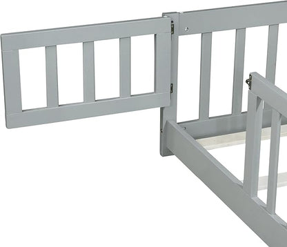 Bellemave Twin Floor Bed with Slats and Safety Guardrails, Kids Montessori Floor Beds with Fence and Door, Easy Assemble Floor Bed for Kids, Girls, Boys, Gray