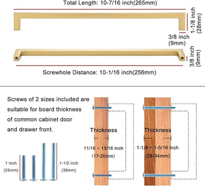 KOOFIZO Solid Square Bar Cabinet Handle - Brushed Gold Furniture Pull, 10 Inch/256mm Screwhole Distance, Pack of 5 for Kitchen Cupboard Door, Bedroom Dresser Drawer, Bathroom Wardrobe Hardware