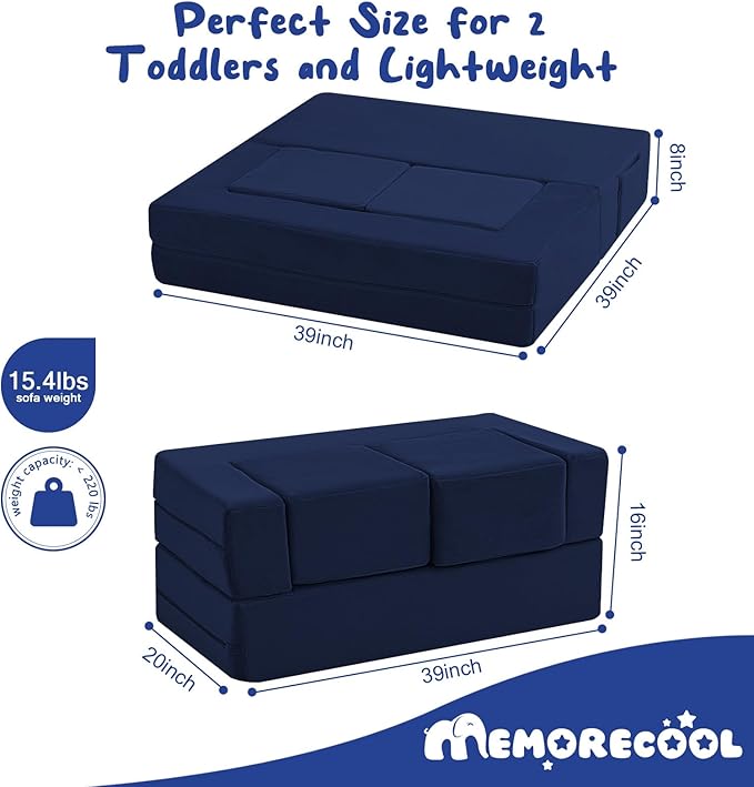 MeMoreCool Convertible Modular Kids Foam Play Couch Sofa – Navy Fold-Out Toddler Couch for Playroom or Bedroom