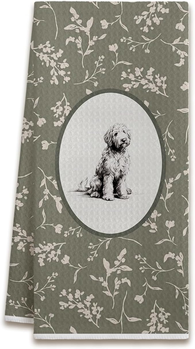 Sage Green Vintage Floral Goldendoodle Kitchen Dish Towels, Golden Doodle Gifts Women, Cottagecore Dog Decorative Hand Tea Towels for Bathroom Kitchen, 16x24 Inches
