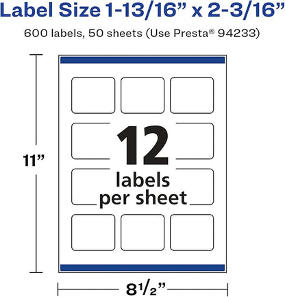 Avery Glossy White Rectangle Labels, Sure Feed Technology, 1-13/16" x 2-3/16", 600 Glossy White Labels, Print-to-The-Edge, Permanent Adhesive, Laser/Inkjet Printable