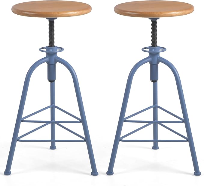 Industrial Bar Stools-Set of 2 24.4-28.3inch Counter Height Kitchen Stool-Modern Dinner Breakfast Chairs-Swivel Round Wooden Seat