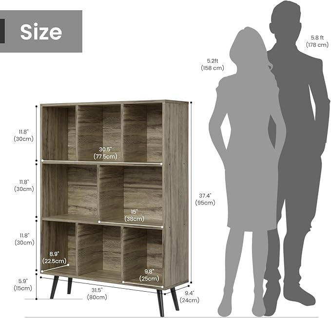 Bookshelf, 3-Tier 8 Cube Open Wooden Book Shelf with Legs, Floor Standing Office Bookcase, Wooden Bookcase for Office Furniture, Cubby Storage Organizer for Living Room/Bedroom