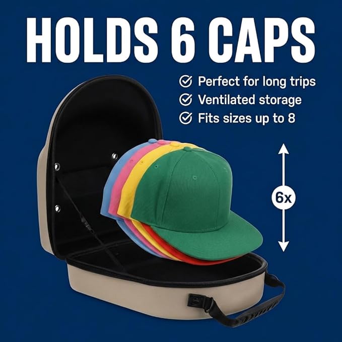 Lids Hat Travel Case – Baseball Cap Carrier for 6 Hats, Durable Black Exterior & Interior, Storage with Handle & Adjustable Shoulder Strap, Hard Hat Organizer for Travel & Closet