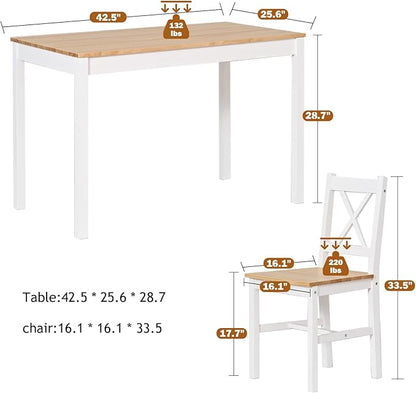soges Dining Table Set for 4, 42.5 inch Pine Wood Dining Room Table with 4 Chairs, 5-Piece Kitchen Table Chairs Set for Small Space, Apartment, Dinette, Breakfast, White and White