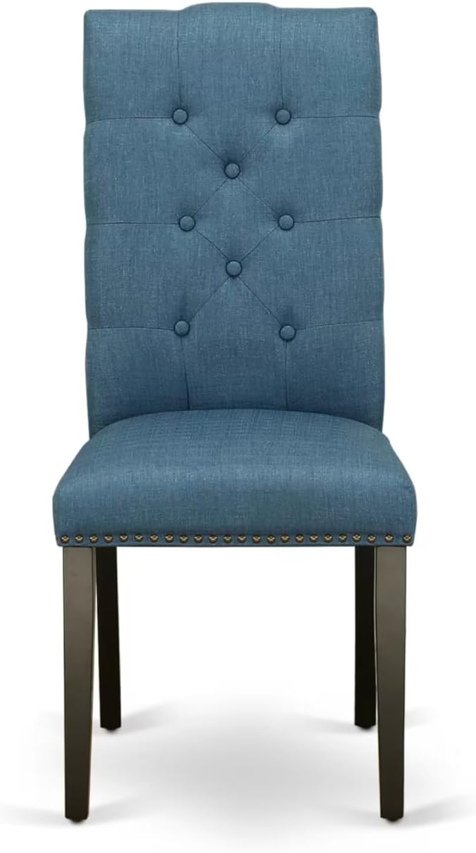 East West Furniture V627EL121-9 9 Piece Dining Table Set Includes a Rectangle Dining Room Table with V-Legs and 8 Blue Linen Fabric Upholstered Parson Chairs, 40x72 Inch, Multi-Color