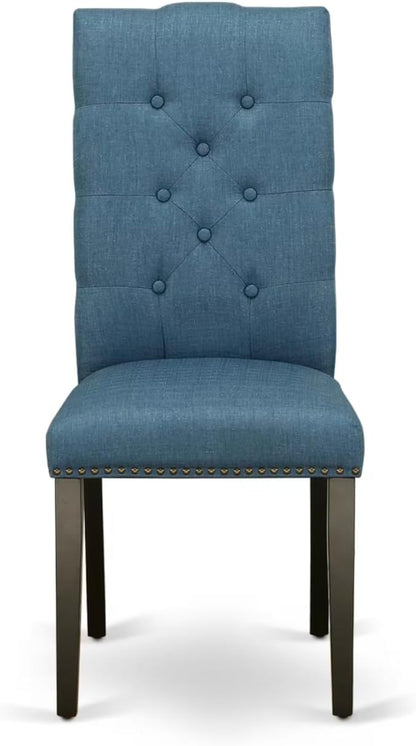East West Furniture V627EL121-9 9 Piece Dining Table Set Includes a Rectangle Dining Room Table with V-Legs and 8 Blue Linen Fabric Upholstered Parson Chairs, 40x72 Inch, Multi-Color