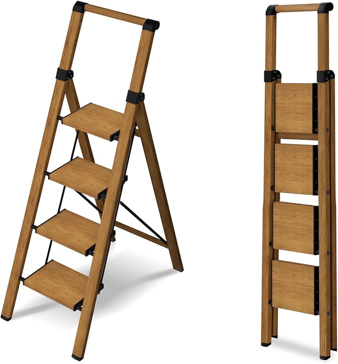 4 Step Ladder,Lightweight Folding Step Stool with Aluminum Wide Pedal& Convenient Handgrip,330lbs Capacity Steel Ladder for Household and Office(Woodgrain)