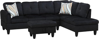 Couches for Living Room Modern L Shaped Couch Comfy Flannel Fabric 3 Pieces Sectional Sofa with Chaise, Ottoman with Storage for Office and Small Apartment, Black