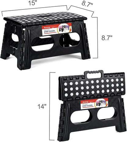ACSTEP Folding Step Stool, 15-Inch Extra Wide 9Inch Height Heavy Duty Stepping Stool More Safe and Comfortable Non Slip Foldable Step Stool for Kids and Adults Black, 10 Pack