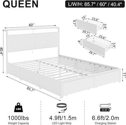 Queen Bed Frame with 4 Storage Drawers Bed Frame Queen Size with Headboard LED Lights Charging Station Metal Slats Platform Heavy-Duty Support No Box Spring Needed White
