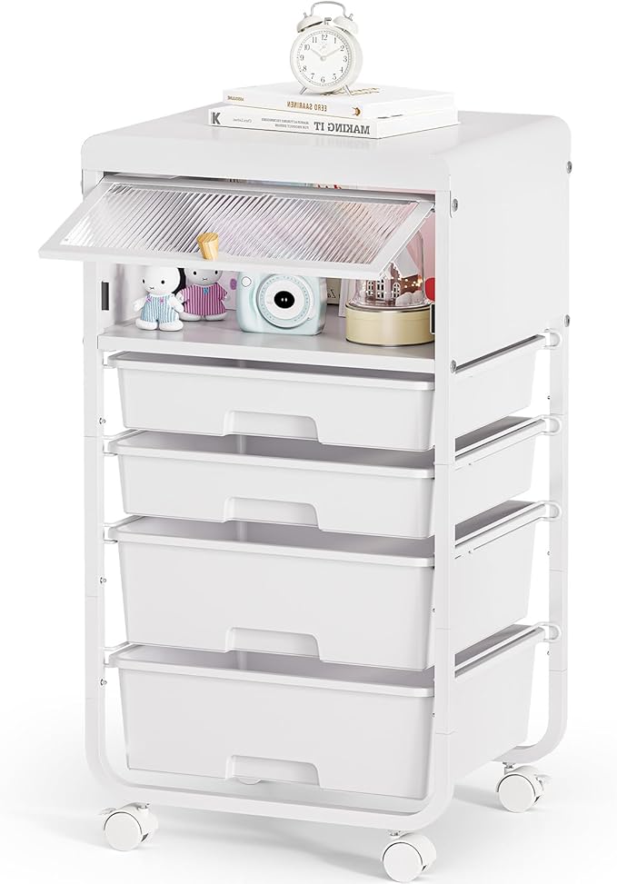 Utility-Rolling-Storage-Drawer-Craft-Cart-Organizers with 4 Drawers & Dust-proof Door for Kid Craft Art Room,Bedroom,Home Office, Craft Drawer cart, Classic White