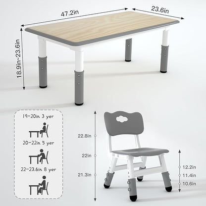 Kids Table and 4 Chairs Set，Height Adjustable Children Table & Chair，Toddlers Study Multi-Activity Table with 47.2"x23.6" Wipe-Clean Desktop，for Classrooms, Homes & Daycares