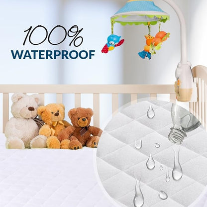 Mini Crib Mattress Protector 100% Waterproof, Noiseless – Viscose Made from Quilted Ultra Soft White Terry Fitted Sheet Style (27”X39”)