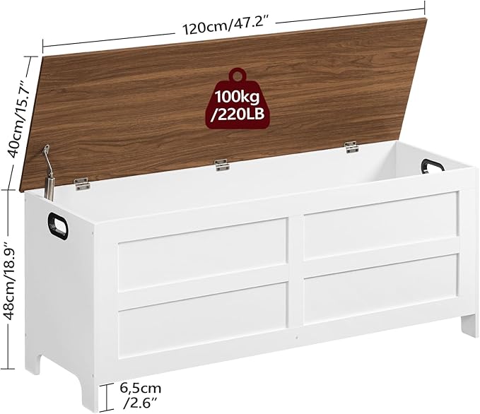 Storage Chest, 47.2” Large Toy Chest, Entryway Storage Trunk, Storage Bench with Safety Hinge, Entrance Bench for Living Room, Entrance, Bedroom, White+Walnut SCBZ48901