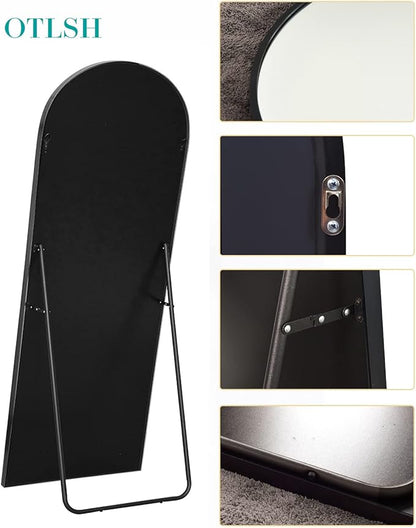 Floor Mirror, 90"×46" Arched Full Length with Stand, Standing, Full Body, Large, Wall, Freestanding, Aluminum Frame - Black