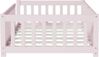 Bellemave Twin Floor Bed with Slats and Safety Guardrails, Kids Montessori Floor Beds with Fence and Without Door, Easy Assemble Floor Bed for Kids, Girls, Boys, Pink