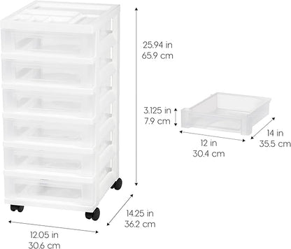 IRIS USA Plastic Drawer Storage Organizer Rolling Cart, with Wheels Casters, 6-Drawers, for Classroom Art Craft Supplies Dresser Closet Bathroom Laundry Room, White/Clear