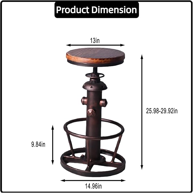 Vintage Swivel Bar Stool Industrial Coffee Kitchen Dining Chair Fire Hydrant Design Height Adjustable 24.8-30.7inch Solid Wooden Seat