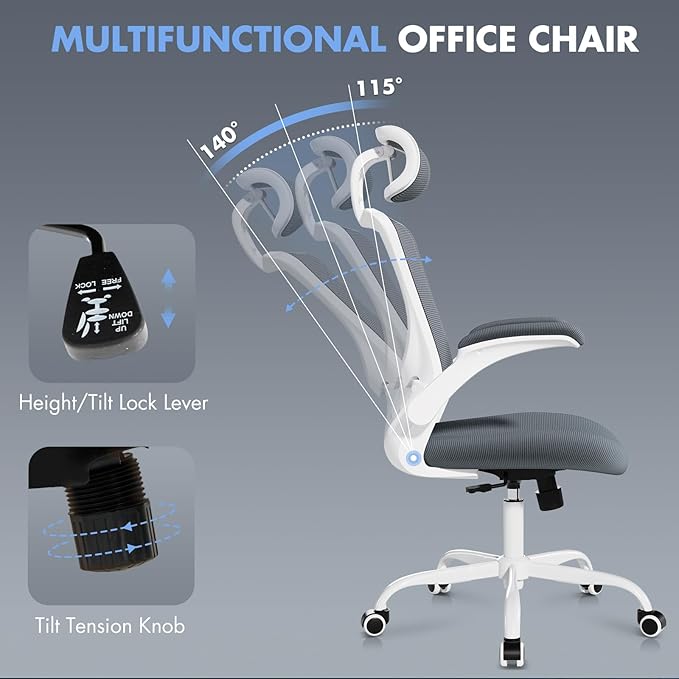 High Back Office Chair with Adjustable Lumbar Support & Headrest, Ergonomic Mesh Desk Chair with Flip-Up Armrests, Breathable & Comfortable Computer Chair for Home, Office & Study, Grey