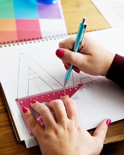 Honagu Triangular Ruler Set, 4 Pieces Aluminum Alloy Ruler, Metal Drafting Ruler, Geometric Protractor for Students,Teacher, Draftsmen, Engineers,Gift Stocking Stuffers for Kids (15cm/5.9inches, Red)