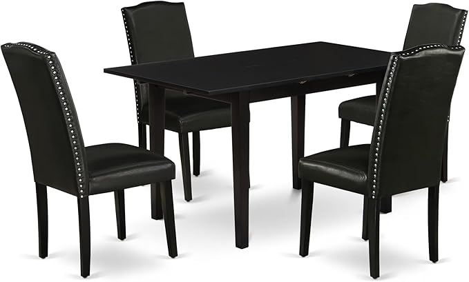 East West Furniture NOEN5-BLK-69 5 Piece Kitchen Table & Chairs Set Includes a Rectangle Butterfly Leaf Dining Table and 4 Black Faux Leather Parsons Chairs, 32x54 Inch, Black