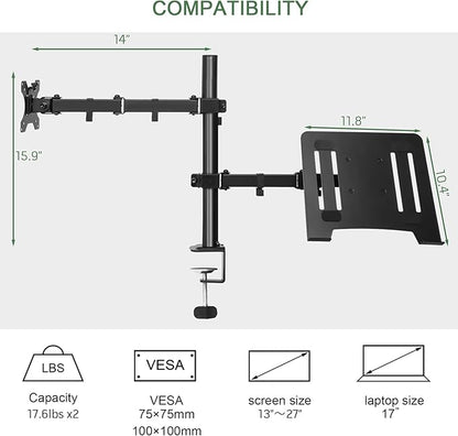 Monitor and Laptop Mount, Monitor Arm with Vented Tray for 13" to 27" LCD Computer Screens and Notebook up to 17 inch, Fully Adjustable Laptop Mount Stand Holds up to 17.6lbs