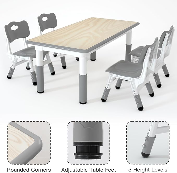 Kids Table and 4 Chairs Set，Height Adjustable Children Table & Chair，Toddlers Study Multi-Activity Table with 47.2"x23.6" Wipe-Clean Desktop，for Classrooms, Homes & Daycares