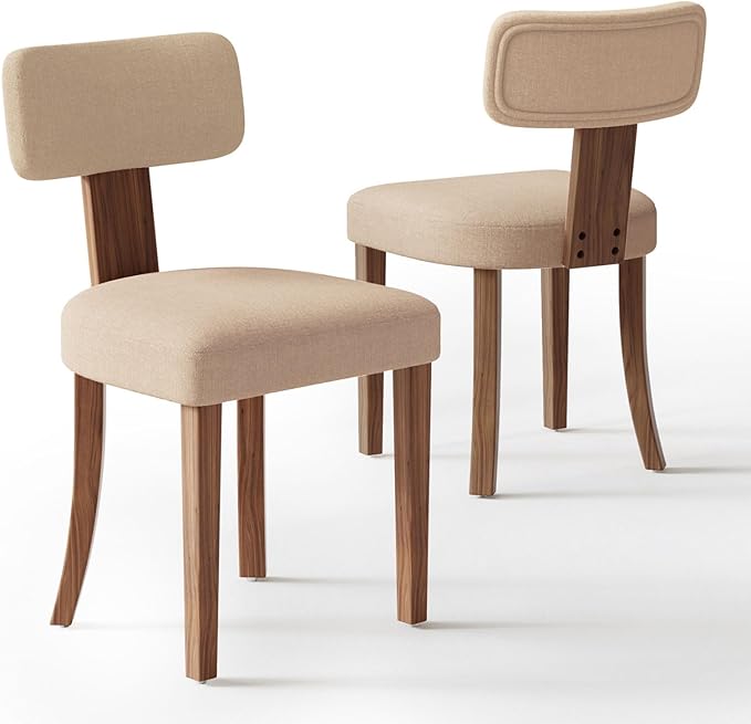 Mid Century Modern Dining Chairs Set of 2, Linen Upholstered Kitchen Chairs with Curved Backrest & Adjustable Legs for Living Room/Bedroom/Lounge, Easy to Install, Beige Linen