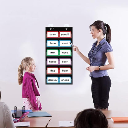 10”W x 25”H Classroom Words Pocket Chart with 6 Clear Pockets, Black Standard Pocket Chart for Classroom and Home for Sentence Strips, Reusable Words Hanging Pocket Chart (Black)