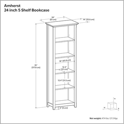 SIMPLIHOME Amherst Bookcase - 70 inch Tall 5-Shelf Solid Wood Bookshelf in Black, Transitional Storage for Living Room, Study Room or Office with Adjustable Shelves and Tapered Legs