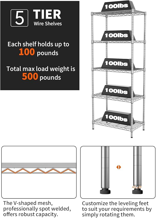 SINGAYE Shelf Wire Shelving Adjustable Storage Shelves Rack Standing Units for Kitchen Closet Laundry Bathroom Organizers Metal Pantry Narrow Mesh Gaps 12" D x 22" W x 59" H Gray