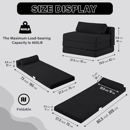 Tiita Folding Sofa Bed Chair, 4-Fold Convertible Sleeper Chair with Lumbar Pillow, Washable Cover & Side Pocket, Floor Couch Bed with Raised Seat, Single Size for Small Spaces, Black