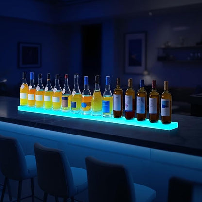 VEVOR LED Lighted Liquor Bottle Display, 1 Tier 60 Inches Whiskey Rack, Supports USB, Illuminated Home Bar Shelf with RF Remote & App Control, 7 Static Colors, Acrylic Lighted Shelf for 15 Bottles