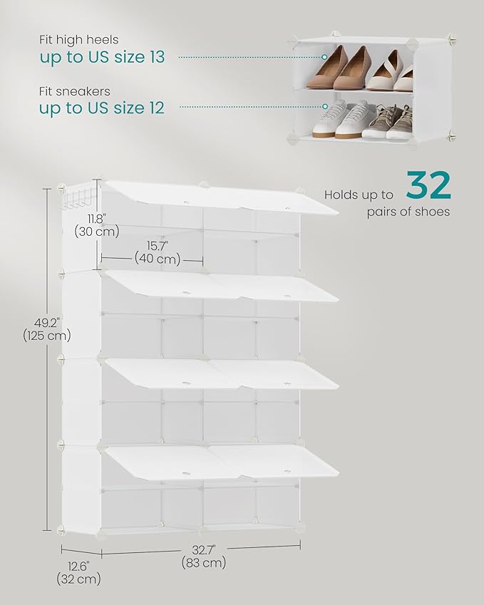 SONGMICS Shoe Rack Organizer, 8-Tier Shoe Storage Cabinet for Closet and Entryway, Holds 32 Pairs of Shoes, Adjustable, Cloud White ULPC034W03