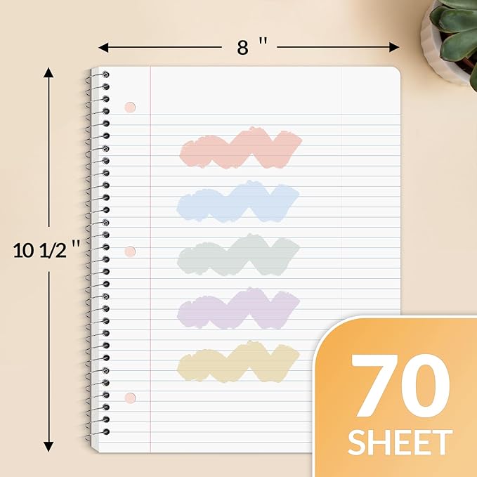 SUNEE Spiral Notebooks, 6 Pack, 1-Subject, College Ruled Paper, 8" x 10-1/2", 70 Sheets per Notebook, Assorted Aesthetic Colors Spiral Notebooks for School