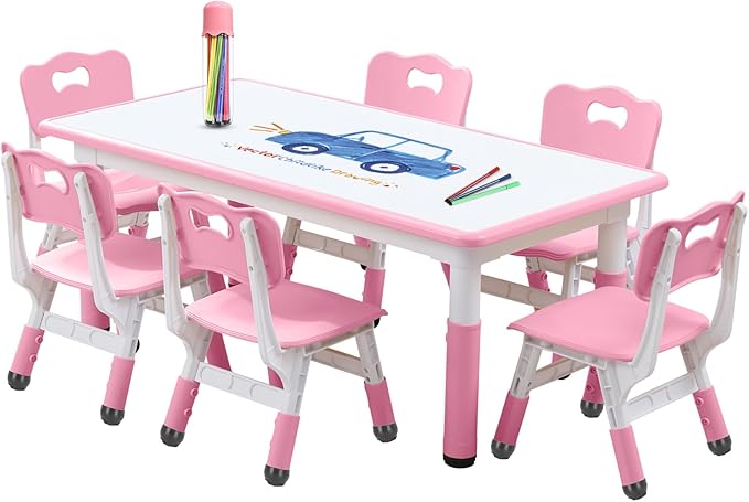 Kids Table and Chairs Set, Height Adjustable Desk With 6 Seats for Ages 3-12,Arts & Crafts Table,Graffiti Desktop, Non-Slip Legs, Max 300lbs, Children Multi-Activity Table for Classrooms,Daycares,Home