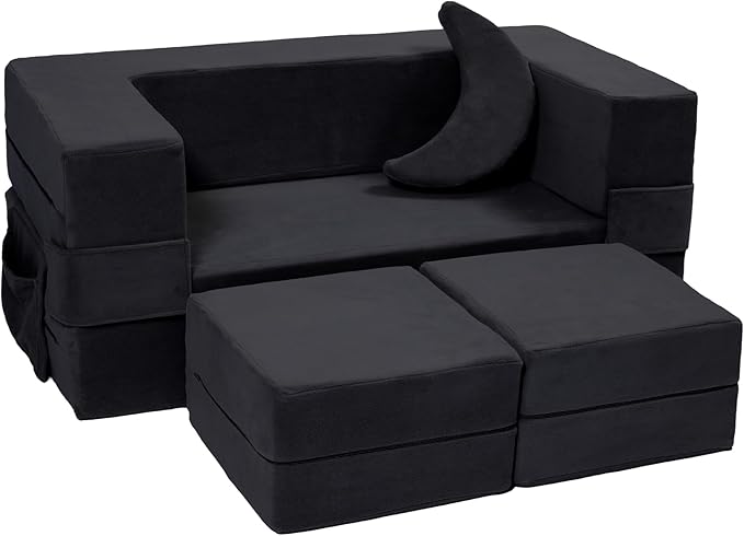 Modular Kids Sofa,Toddler Couch Foam Armchair for Kids, Children Convertible Plush Sofa Play Set,Fold Out SofaBed(Black)