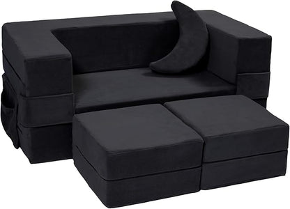 Modular Kids Sofa,Toddler Couch Foam Armchair for Kids, Children Convertible Plush Sofa Play Set,Fold Out SofaBed(Black)