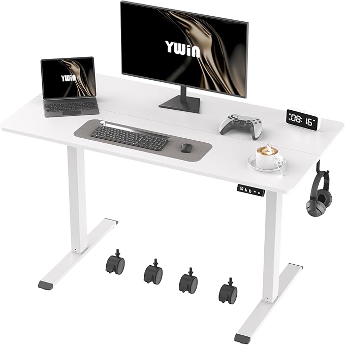 Ywin Electric Height Adjustable Standing Desk with Wheels, 63 x 24 inches Ergonomic Stand Up Desk for Home Office