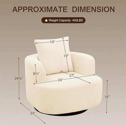 Furnimart 360° Swivel Barrel Accent Chair, Round Upholstered Comfy Lounge Chair, 34“ Corduroy High-Resilienc Foam Single Sofa, No Assembly Wide Seat for Living Room, Bedroom, Apartment (Beige)