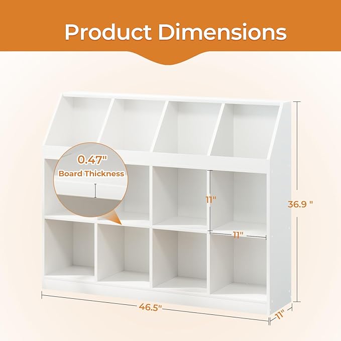 12-Cube Wooden Storage Bookcase - 11-Inch Open Shelf Cabinet, Simple Modern Bookshelf Organizer for Home Office, Living Room, White