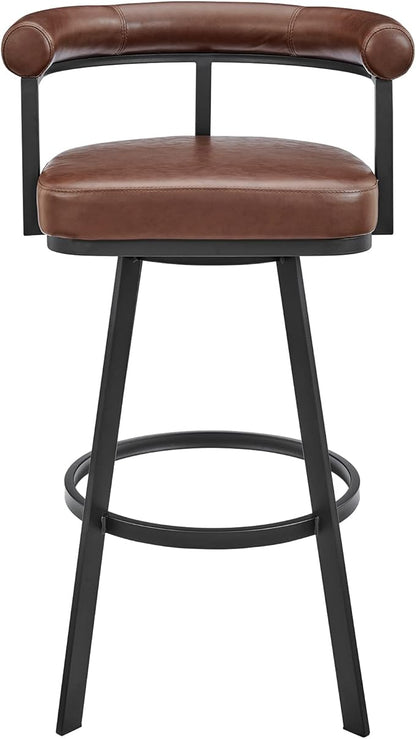 Armen Living Magnolia Swivel Bar Stool in Black Metal with Brown Faux Leather