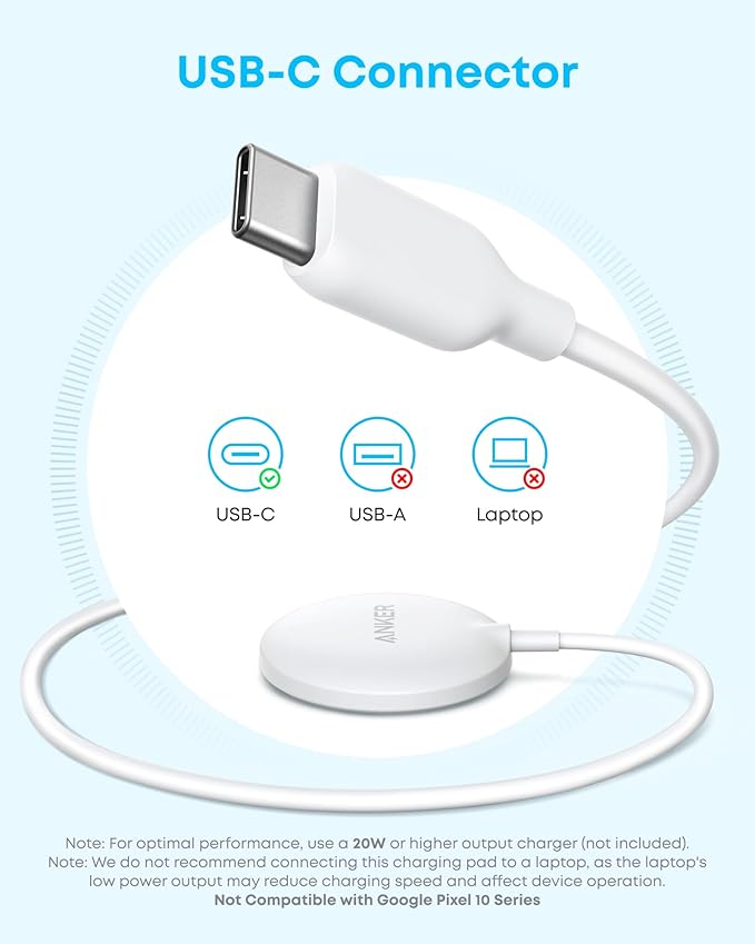 Anker Zolo Magnetic Wireless Charger, Qi2 Certified 15W MagSafe-Compatible Wireless Charging Pad, for iPhone 17/16/15/14/13/12 Series, AirPods, and More (Not for Pixel, Adapter Not Included)