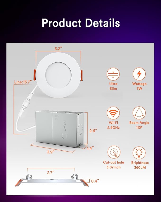 Lumary 3 Inch Smart Recessed Lighting WiFi Bluetooth Smart LED Recessed Lights 7W 350LM LED Wafer Downlight with Junction Box Compatible with Alexa/Google Assistant(1 Pack)