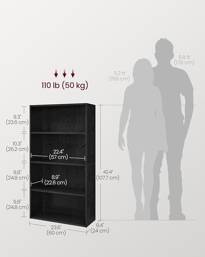 VASAGLE Custos Collection - Bookshelf, 4-Tier Bookcase, Book Shelf, Open Storage Shelf, 9.4 x 23.6 x 42.4 Inches, for Living Room, Home Office, Dinning Room, Ebony Black ULBC164T56